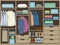 Wardrobe room full of men`s cloths. Flat design