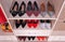 Wardrobe shelves with different shoes