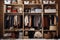 Wardrobe shelves with warm things, outerwear, baskets. Organization of space in the closet