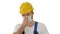 Ware the mask! Masked construction man in hardhat on white backg