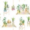 Warecolor seamless pattern with house plants in pots. Greenery home decor background for scrapboock paper, wrapping paper,