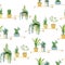 Warecolor seamless pattern with house plants in pots. Greenery home decor illustration for scrapboock paper, wrapping paper