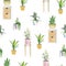 Warecolor seamless pattern with house plants in pots and painted decorative greenery home decor collection for scrapboock paper,