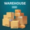 Warehouse banner with pile of stacked sealed goods cardboard boxes. Flat style vector illustration
