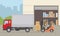 Warehouse building, truck and Forklift truck on city background.