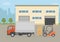 Warehouse building, truck and Forklift truck on city background. Warehouse Equipment, cargo delivery, storage service.