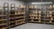 Warehouse with cardboard boxes on wooden shelves with metal base. Realistic illustration storage room interior with