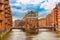 The Warehouse district Speicherstadt during spring in Hamburg, Germany. Warehouses in Hafencity quarter in Hamburg