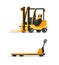 Warehouse empty forklifts flat illustrations set isolated on white background