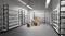 Warehouse with empty metal racks and pile stacked sealed cardboard boxes on floor. Interior of industrial storage cold