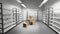 Warehouse with empty metal racks and pile stacked sealed cardboard boxes on floor. Interior of industrial storage cold