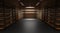 Warehouse with empty racks night. Realistic interior of dark industrial storage room with wooden shelves on metal base
