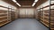 Warehouse with empty racks, wooden shelves on metal base. Realistic interior of modern industrial storage room with