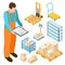 Warehouse equipment, trolley, parcels isometric vector collection