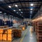 A warehouse within the factory filled with neatly stacked boxes containing solar cell parts. The image conveys the organization