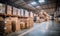 A Warehouse Filled With Stacked Cardboard Containers and Wooden Crates