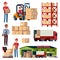 Warehouse flat elements. Logistic transportation and forklift, delivery cargo truck. Loader with boxes isolated vector