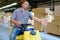 Warehouse forklift worker in storehouse