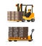 Warehouse forklifts with boxes flat illustrations set