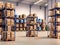 warehouse full of shelves with goods in cartons a product distribution center. generative AI