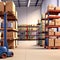 warehouse full of shelves with goods in cartons a product distribution center. generative AI