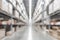 Warehouse industry blur background with logistic wholesale storehouse, blurry industrial silo interior aisle