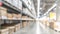 Warehouse industry blur background with  logistic wholesale storehouse, blurry industrial silo interior aisle for furniture