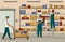 Warehouse interior concept vector illustration. Shelves with boxes and cardboard parcels. People work in warehouse