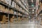 Warehouse interior with shelves rack for keep production material, pallets and boxes