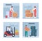 Warehouse loader work vector illustration set with worker people working in wholesale storage stockroom, warehousing