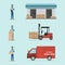 warehouse and logistic flat design. Delivery and storage with workers, cargo box, car and forklift