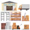 Warehouse and logistic flat vector equipment icons. Delivery truck, storage, warehouse and cargo boxes.