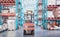 Warehouse metal structure interior with forklift truck in selective focus