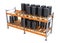 Warehouse petroleum products. Warehouse racks with barrels for liquids