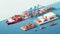 Warehouse port vector conceptual web banner. Isometric projection. Ships with containers on the berth at the port, cranes, workers