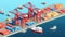 Warehouse port vector conceptual web banner. Isometric projection. Ships with containers on the berth at the port, cranes, workers