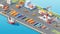 Warehouse port vector conceptual web banner. Isometric projection. Ships with containers on the berth at the port, cranes, workers