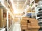 Warehouse product box stores that stock goods shelves