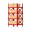 Warehouse shelves with boxes. Red metal rack with cardboard closed parcels, packaging cargo storage and organization