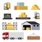 Warehouse with staff, storage building, shelves with goods, unloading cargo. Design elements of warehouse building delivery truck