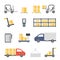 Warehouse with staff, storage building, shelves with goods, unloading cargo. Design elements of warehouse building delivery truck