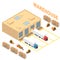 Warehouse, storage, logistics isometric icons set with storehouse, truck, forklift.