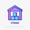 Warehouse thin line icon: storehouse with boxes. Logistic distribution. Modern vector illustration