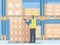 Warehouse worker checks the goods by scanning them with a barcode scanner. Warehouse Logistics. Vector illustration