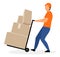 Warehouse worker with hand truck flat vector illustration. Courier, deliveryman moving trolley, dolly cart with cardboard boxes,