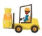 Warehouse worker moving load by forklift truck.