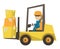 Warehouse worker moving load by forklift truck.