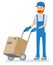 The warehouse worker pulls a pushcart with goods on white background. Cartoon character person.