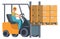 Warehouse worker riding forklift with cargo cardboard boxes