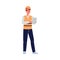 Warehouse worker in uniform checking goods flat vector illustration isolated.